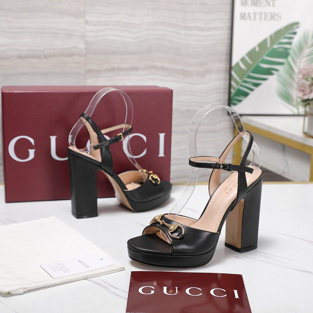 GUCCI 26S HORSEBIT ANKLE STRAP PLATFORM HEELS 115MM IN BLACK CALFSKIN