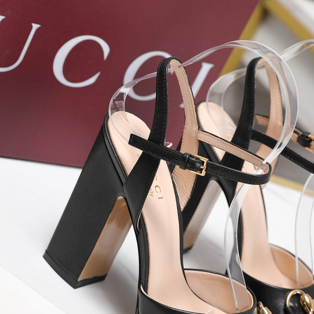 GUCCI 26S HORSEBIT ANKLE STRAP PLATFORM HEELS 115MM IN BLACK CALFSKIN