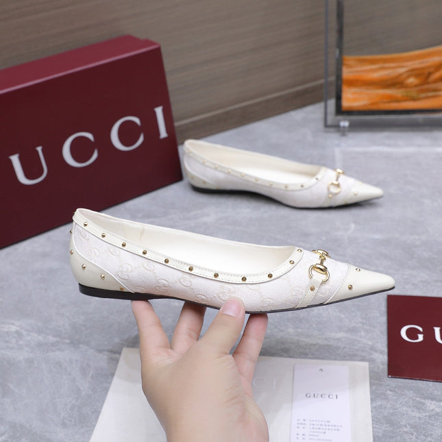 GUCCI 26S SAVOY BALLERINA FLATS IN WHITE CANVAS AND CALFSKIN WITH STUDDED TRIM