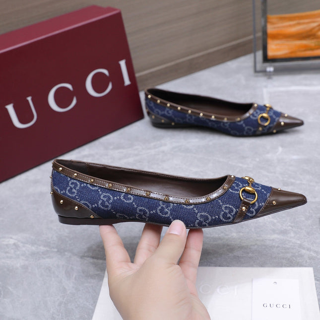 GUCCI 26S SAVOY BALLERINA FLATS IN DARK BLUE CANVAS AND CALFSKIN WITH STUDDED TRIM