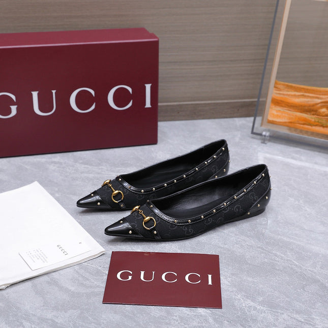 GUCCI 26S SAVOY BALLERINA FLATS IN BLACK CANVAS AND CALFSKIN WITH STUDDED TRIM
