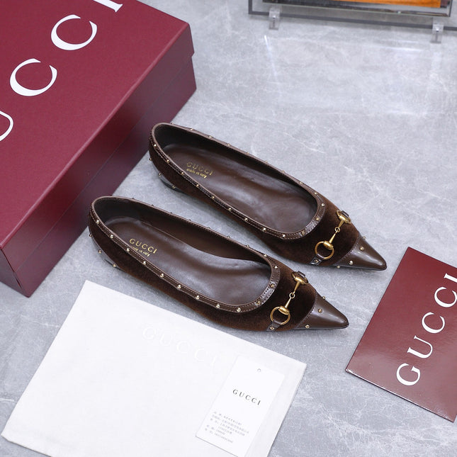 GUCCI 26S SAVOY BALLERINA FLATS IN DARK BROWN VELVET AND CALFSKIN WITH STUDDED TRIM