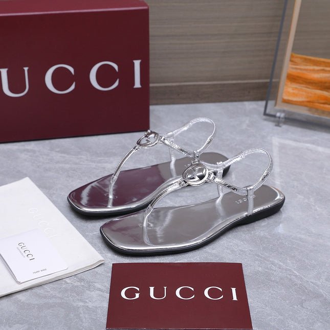 GUCCI 26S INTERLOCKING G THONG SANDALS IN SILVER CALFSKIN