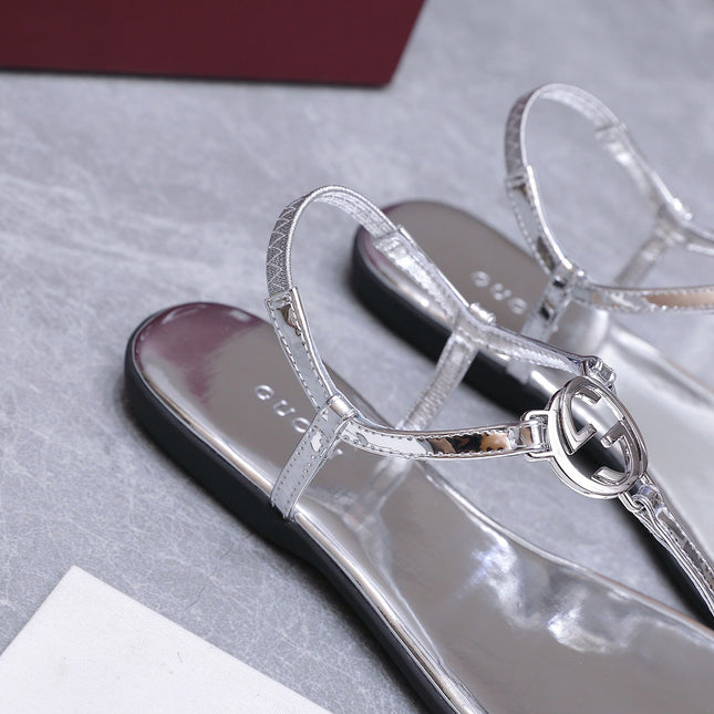 GUCCI 26S INTERLOCKING G THONG SANDALS IN SILVER CALFSKIN