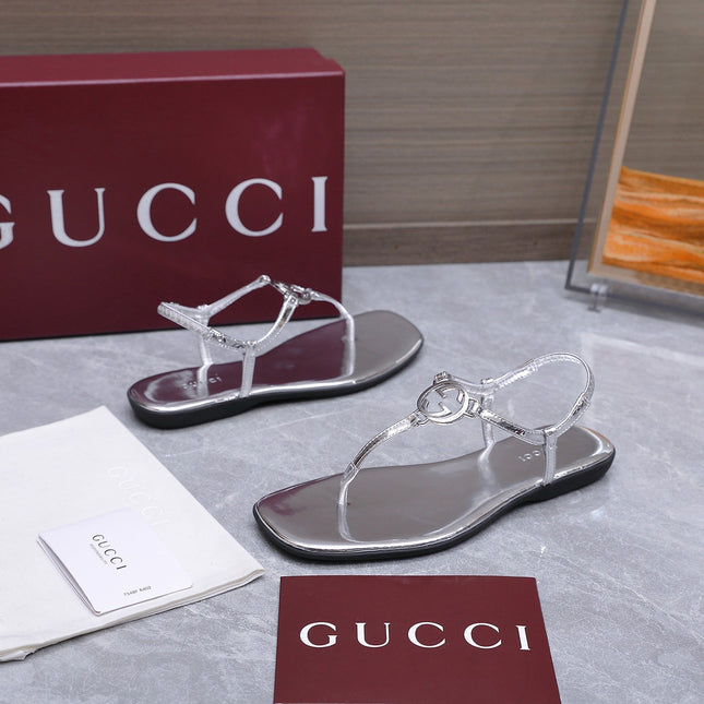 GUCCI 26S INTERLOCKING G THONG SANDALS IN SILVER CALFSKIN