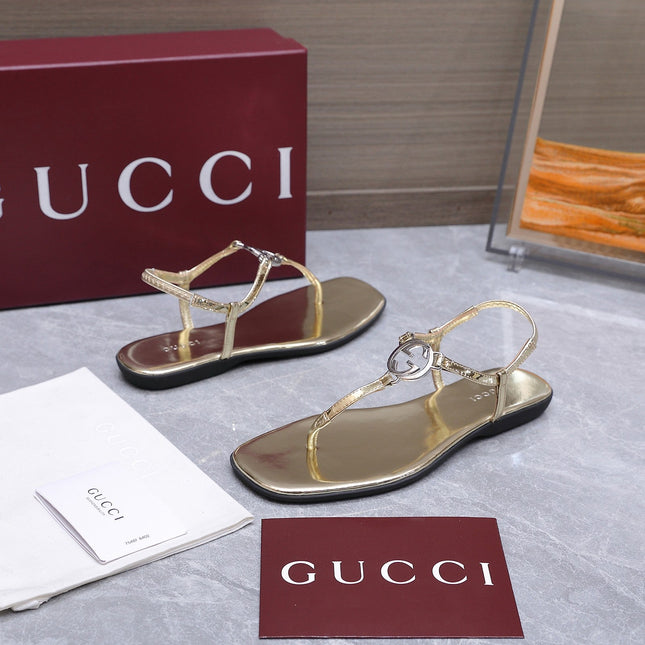 GUCCI 26S INTERLOCKING G THONG SANDALS IN GOLD CALFSKIN