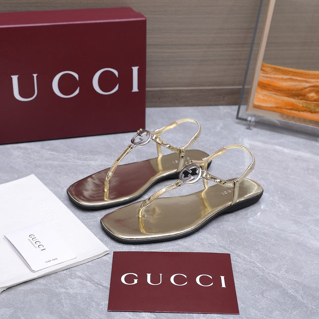 GUCCI 26S INTERLOCKING G THONG SANDALS IN GOLD CALFSKIN