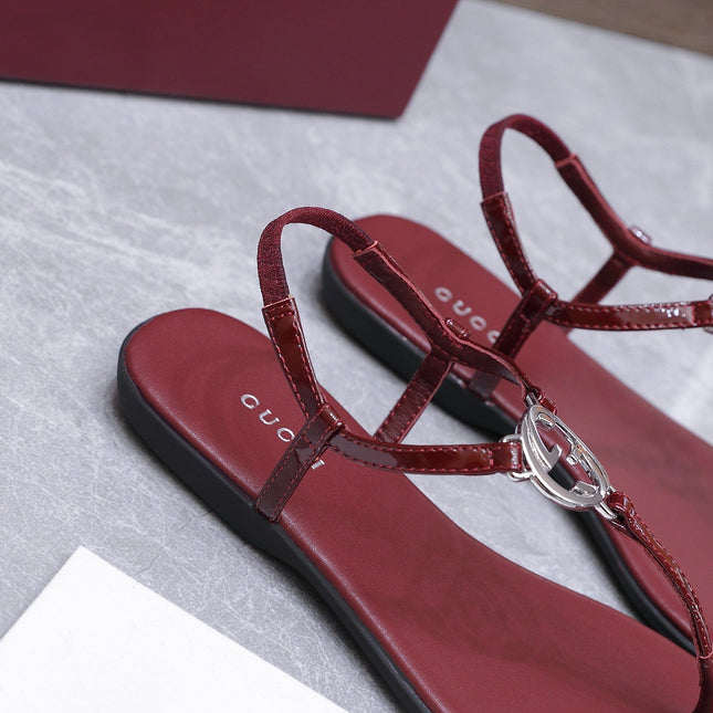 GUCCI 26S INTERLOCKING G THONG SANDALS IN BURGUNDY RED CALFSKIN
