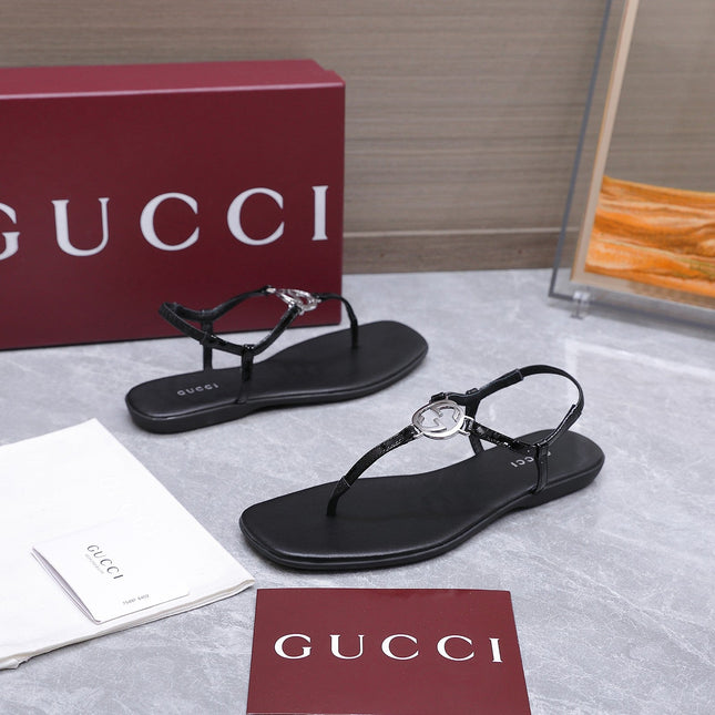 GUCCI 26S INTERLOCKING G THONG SANDALS IN BLACK CALFSKIN
