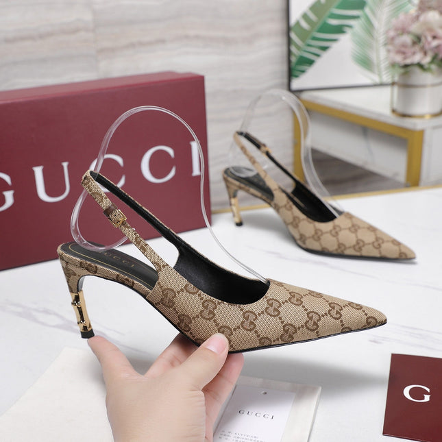 GUCCI 26S HEEL POINTED TOE SLINGBACK PUMPS 75MM IN BEIGE EBONY CANVAS