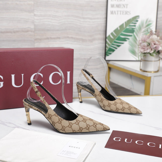 GUCCI 26S HEEL POINTED TOE SLINGBACK PUMPS 75MM IN BEIGE EBONY CANVAS