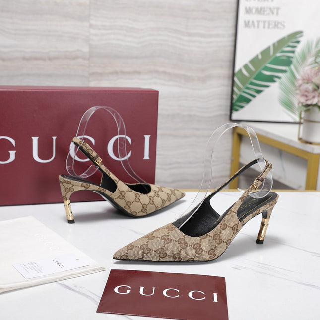 GUCCI 26S HEEL POINTED TOE SLINGBACK PUMPS 75MM IN BEIGE EBONY CANVAS