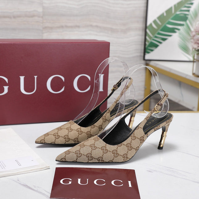 GUCCI 26S HEEL POINTED TOE SLINGBACK PUMPS 75MM IN BEIGE EBONY CANVAS