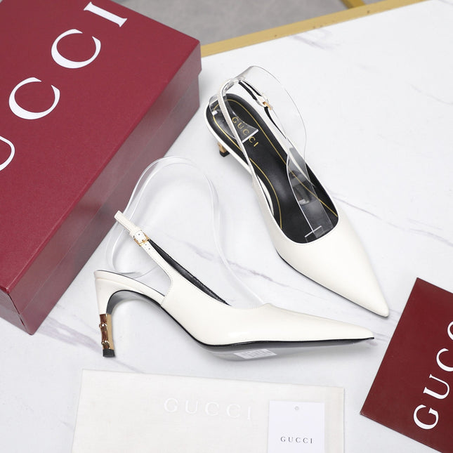 GUCCI 26S HEEL POINTED TOE SLINGBACK PUMPS 75MM IN WHITE CALFSKIN