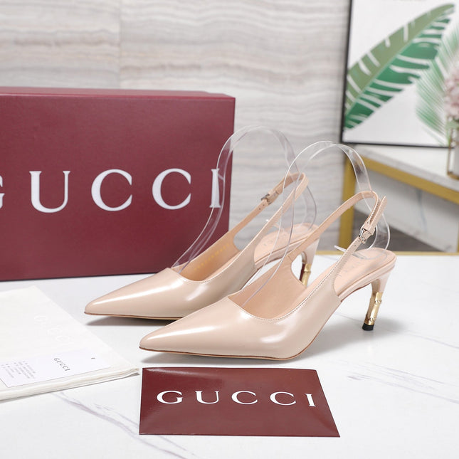 GUCCI 26S HEEL POINTED TOE SLINGBACK PUMPS 75MM IN NUDE BEIGE CALFSKIN