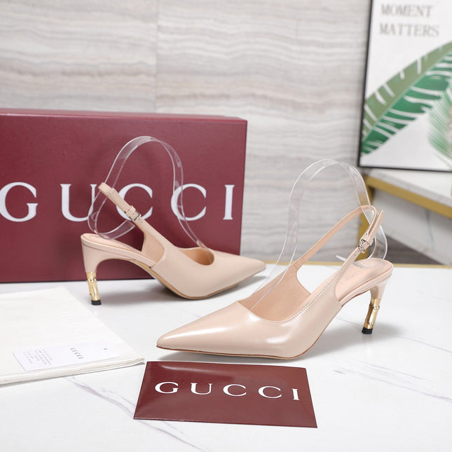 GUCCI 26S HEEL POINTED TOE SLINGBACK PUMPS 75MM IN NUDE BEIGE CALFSKIN
