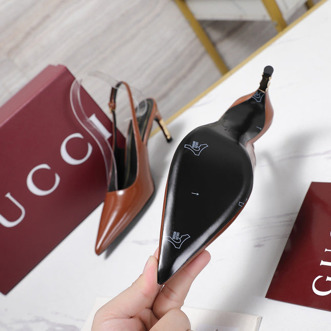 GUCCI 26S HEEL POINTED TOE SLINGBACK PUMPS 75MM IN COGNAC BROWN CALFSKIN
