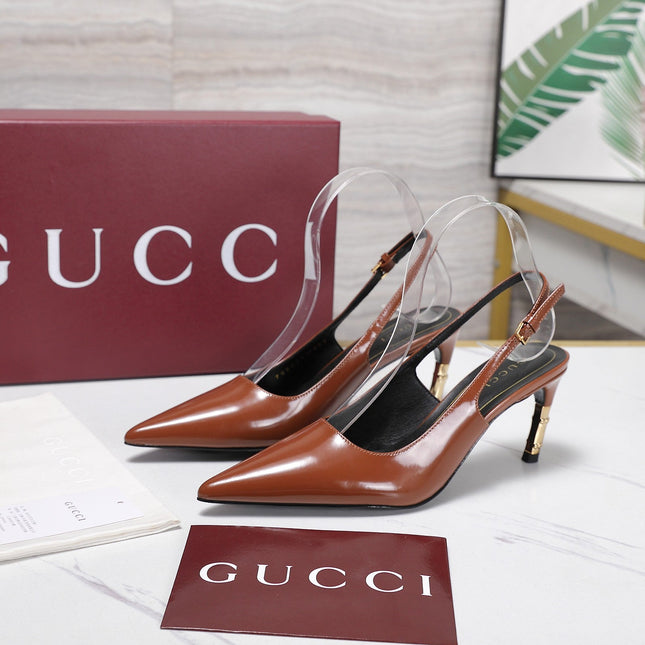 GUCCI 26S HEEL POINTED TOE SLINGBACK PUMPS 75MM IN COGNAC BROWN CALFSKIN