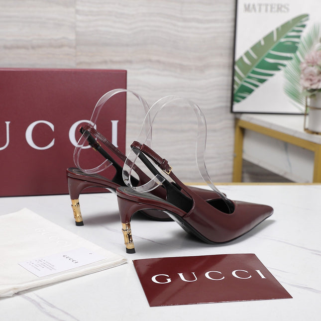 GUCCI 26S HEEL POINTED TOE SLINGBACK PUMPS 75MM IN BURGUNDY RED CALFSKIN