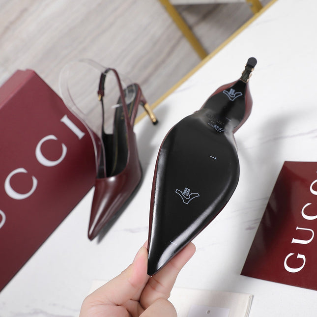 GUCCI 26S HEEL POINTED TOE SLINGBACK PUMPS 75MM IN BURGUNDY RED CALFSKIN