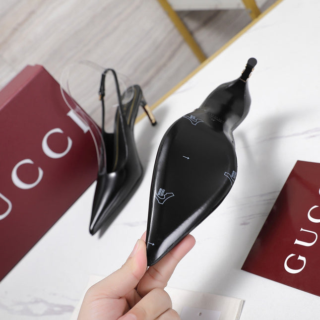 GUCCI 26S HEEL POINTED TOE SLINGBACK PUMPS 75MM IN BLACK CALFSKIN