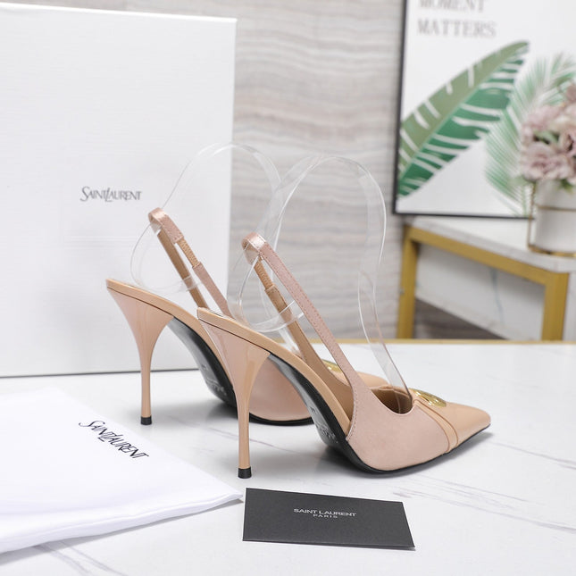 YSL 26S SLINGBACK PUMPS 100 MM IN BEIGE SATIN AND CALFSKIN