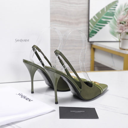 YSL 26S SLINGBACK PUMPS 100 MM IN MOSS GREEN SATIN AND CALFSKIN