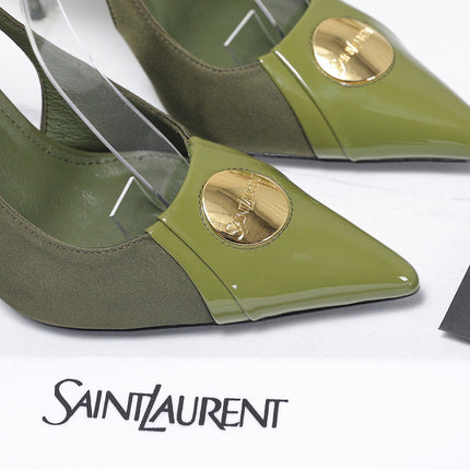YSL 26S SLINGBACK PUMPS 100 MM IN MOSS GREEN SATIN AND CALFSKIN