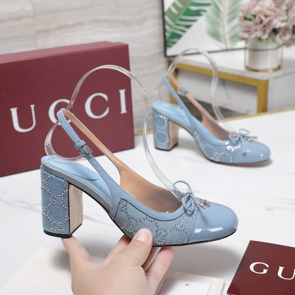 GUCCI 26S HEEL SLINGBACK PUMP 80 MM IN LIGHT BLUE CALFSKIN AND CANVAS