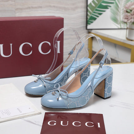 GUCCI 26S HEEL SLINGBACK PUMP 80 MM IN LIGHT BLUE CALFSKIN AND CANVAS