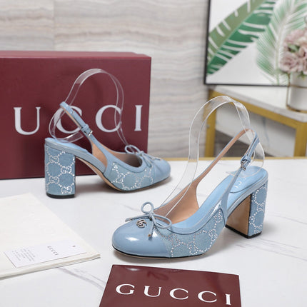 GUCCI 26S HEEL SLINGBACK PUMP 80 MM IN LIGHT BLUE CALFSKIN AND CANVAS