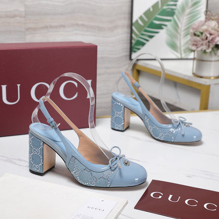 GUCCI 26S HEEL SLINGBACK PUMP 80 MM IN LIGHT BLUE CALFSKIN AND CANVAS