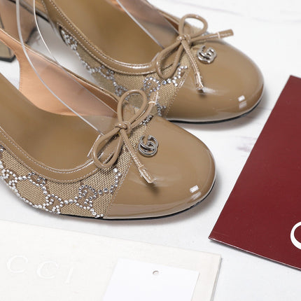 GUCCI 26S HEEL SLINGBACK PUMP 80 MM IN BEIGE CALFSKIN AND CANVAS