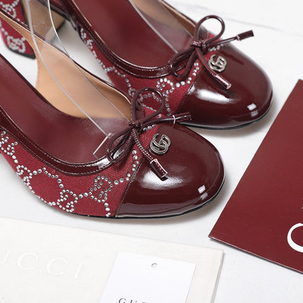 GUCCI 26S HEEL SLINGBACK PUMP 80 MM IN DARK RED CALFSKIN AND CANVAS