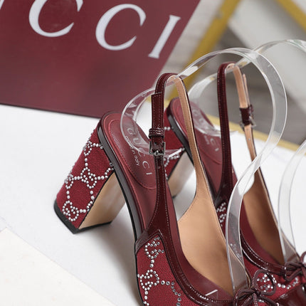 GUCCI 26S HEEL SLINGBACK PUMP 80 MM IN DARK RED CALFSKIN AND CANVAS