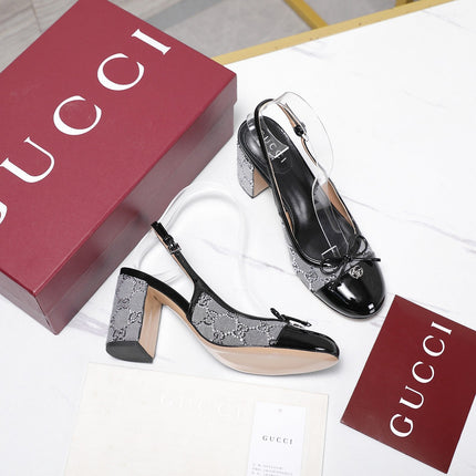 GUCCI 26S HEEL SLINGBACK PUMP 80 MM IN BLACK CALFSKIN AND GREY CANVAS