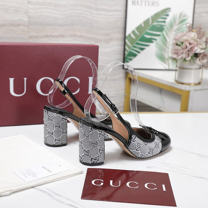 GUCCI 26S HEEL SLINGBACK PUMP 80 MM IN BLACK CALFSKIN AND GREY CANVAS