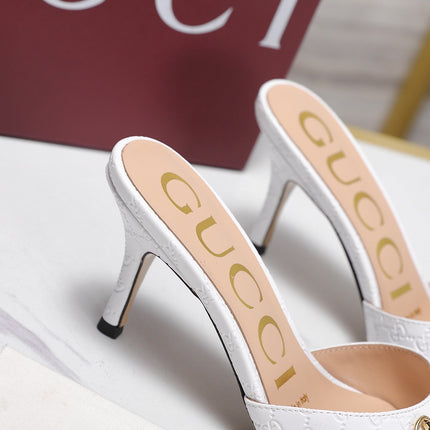 GUCCI 26S HORSEBIT SANDALS 75 MM IN WHITE GG EMBOSSED LEATHER