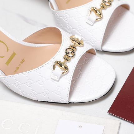GUCCI 26S HORSEBIT SANDALS 75 MM IN WHITE GG EMBOSSED LEATHER