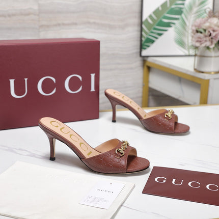 GUCCI 26S HORSEBIT SANDALS 75 MM IN BROWN GG EMBOSSED LEATHER