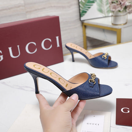 GUCCI 26S HORSEBIT SANDALS 75 MM IN NAVY BLUE GG EMBOSSED LEATHER