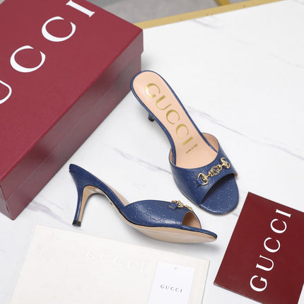 GUCCI 26S HORSEBIT SANDALS 75 MM IN NAVY BLUE GG EMBOSSED LEATHER