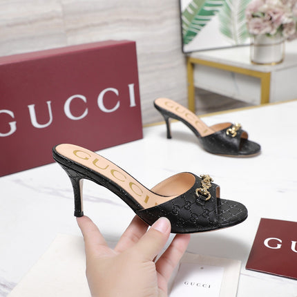 GUCCI 26S HORSEBIT SANDALS 75 MM IN BLACK GG EMBOSSED LEATHER