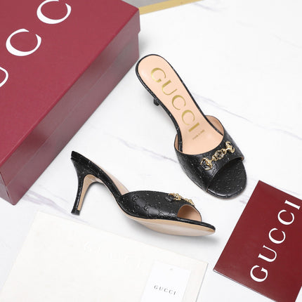 GUCCI 26S HORSEBIT SANDALS 75 MM IN BLACK GG EMBOSSED LEATHER