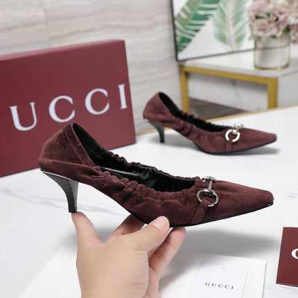 GUCCI 26S HORSEBIT GATHERED PUMPS 55 MM IN BURGUNDY SUEDE