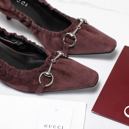 GUCCI 26S HORSEBIT GATHERED PUMPS 55 MM IN BURGUNDY SUEDE