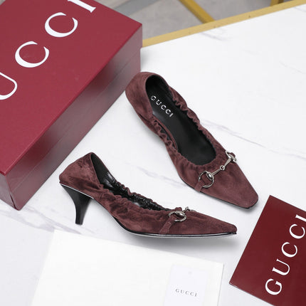 GUCCI 26S HORSEBIT GATHERED PUMPS 55 MM IN BURGUNDY SUEDE