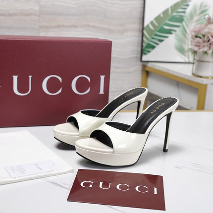 GUCCI 26S HEELED SANDALS 105 MM IN CREAM WHITE PATENT CALFSKIN