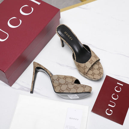 GUCCI 26S HEELED SANDALS 105 MM IN BEIGE CANVAS