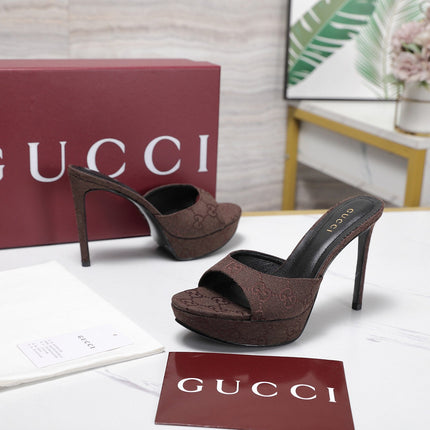 GUCCI 26S HEELED SANDALS 105 MM IN DARK BROWN CANVAS